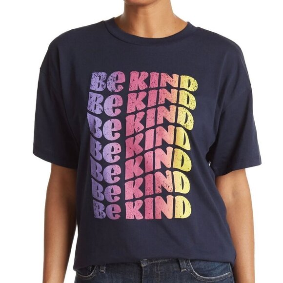 NWT Abound Navy Graphic Crewneck Oversized Be Kind Rainbow Tee - S - Picture 1 of 6